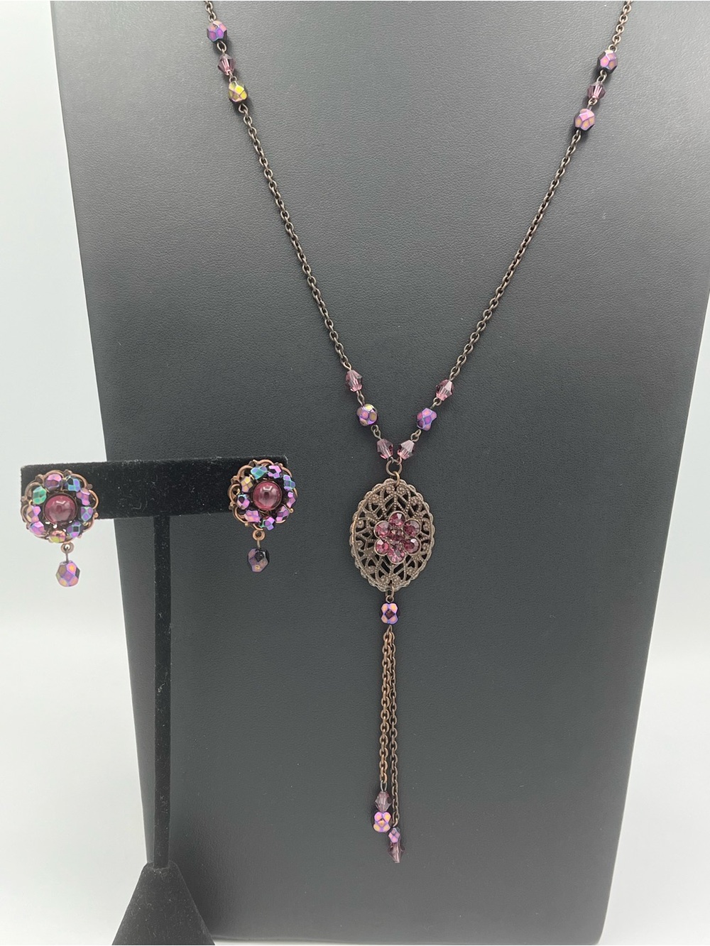 Miriam Haskell Purple Beaded Filigree Drop Necklace - Picture 2 of 11